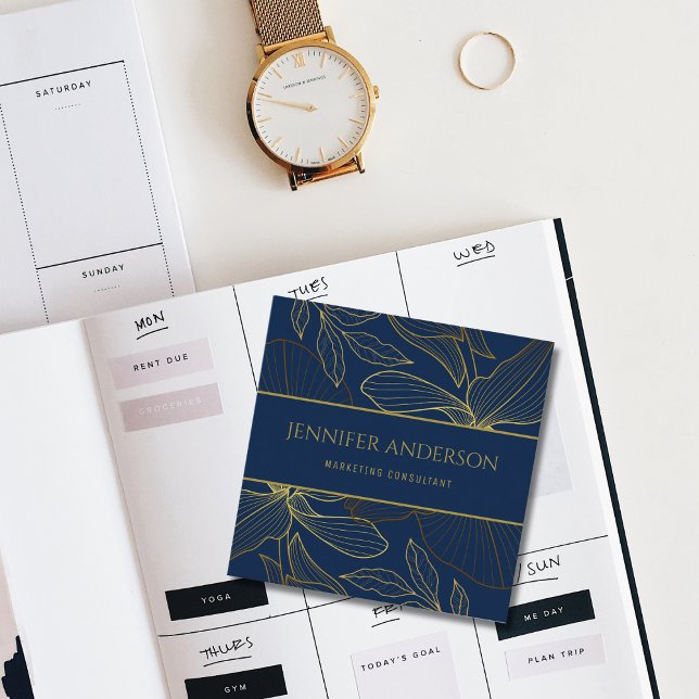 Cartão De Visita Quadrado Elegante Marinho Azul Luxurioso Dourado Lily (Elegant Luxurious Blue Navy Gold Wild Lily Square Business Card)