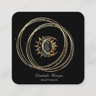 Cartão De Visita Quadrado Elegante Moderno Círculos de Ouro Sol Lua Preto
