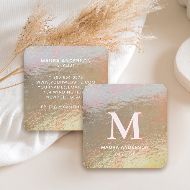 Cartão De Visita Quadrado Elegante Moderno Esmagado, Faux Dourado Monograma  (holographic business card square crushed gold monogram hairdresser stylist artist lash nails makeup)
