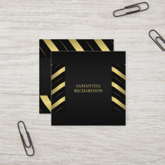 Cartão De Visita Quadrado Elegante Moderno Preto E Dourado Stripes Geométric