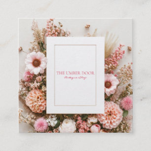 Cartão De Visita Quadrado Elegante Moldura Dourada Floral Rosa Bege Rústico 