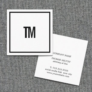 Cartão De Visita Quadrado Elegante Monograma Branco Preto Simples para Advog