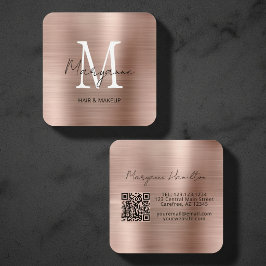 Cartão De Visita Quadrado Elegante Monograma QR Rosa Bege