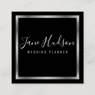 Cartão De Visita Quadrado Elegante Preto Prata Minimalista Editável