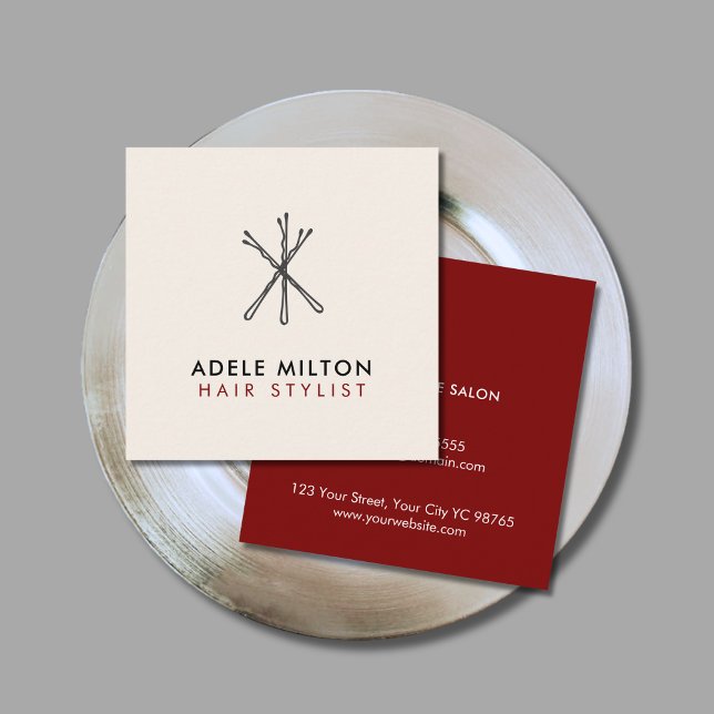 Cartão De Visita Quadrado Elegante Red Ecru Branco Bobby Pins Hair (Criador carregado)