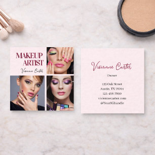 Cartão De Visita Quadrado Elegante Rosa Bege Preto Script 3 Foto Maquiagem