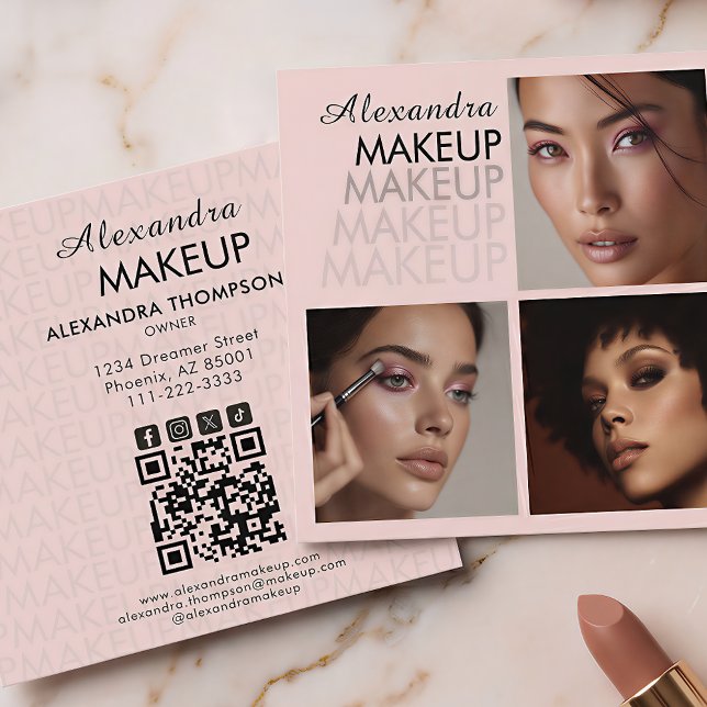 Cartão De Visita Quadrado Elegante Rosa Bege Preto Script 3 Foto Maquiagem (Criador carregado)