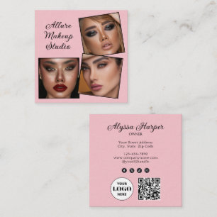 Cartão De Visita Quadrado Elegante Rosa Bege Preto Script 3 Foto Maquiagem S