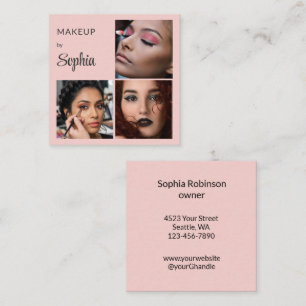 Cartão De Visita Quadrado Elegante Rosa Bege Script Preto 3 Foto Maquiagem