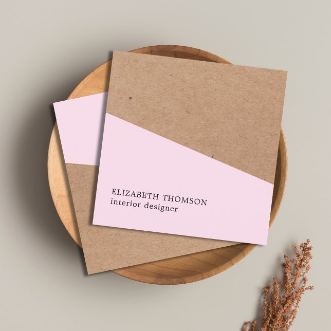 Cartão De Visita Quadrado Elegante Rosa Faux Kraft Design Geométrico Interio (Criador carregado)