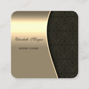 Cartão De Visita Quadrado Elegante Sofisticado Damasco Dourado e Preto Falso