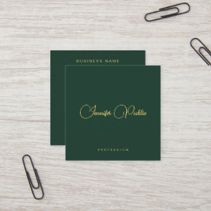 Cartão De Visita Quadrado Elegante Verde e Dourado Texto Script Seda Premium