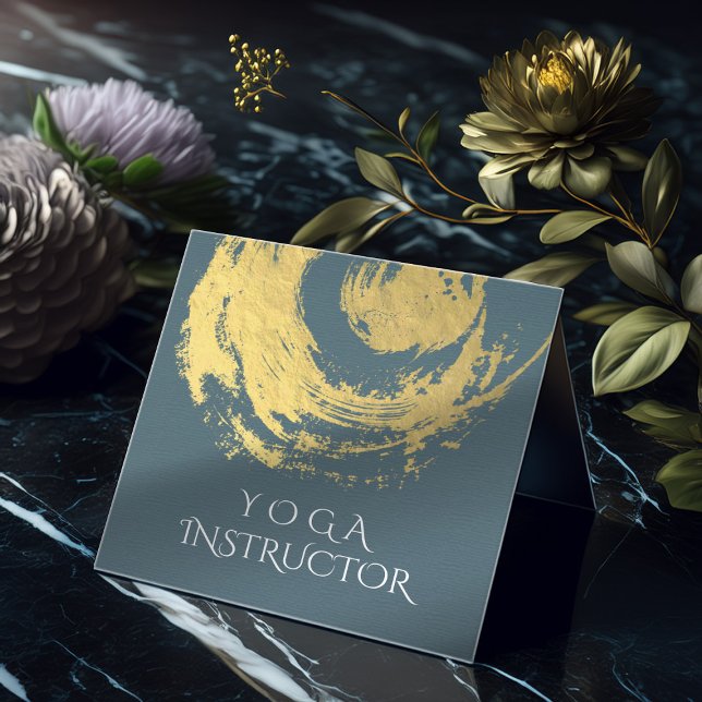Cartão De Visita Quadrado Elegante YOGA Azul e ZEN Dourado Símbolo Brushstro (Criador carregado)