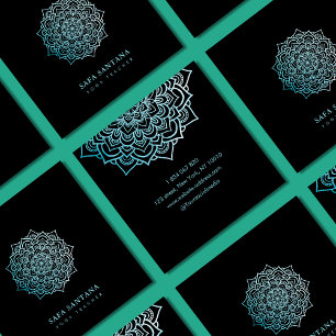 Cartão De Visita Quadrado Elegante Yoga Instrutor Teal Lotus Mandala