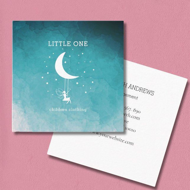 Cartão De Visita Quadrado Elfe mit Zauberstab Schaukel Sterne Mond (Elf with Magic wand Swing Stars Moon Square Blue Business Card)