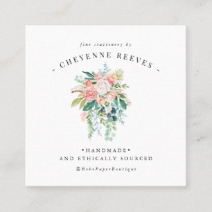 Cartão De Visita Quadrado Em Flor Logotipo Floral Vintage Blush