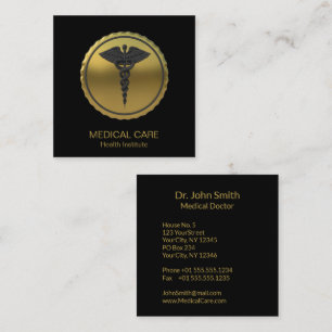 Cartão De Visita Quadrado Emblema Caduceu Médico Dourado 3D Profissional