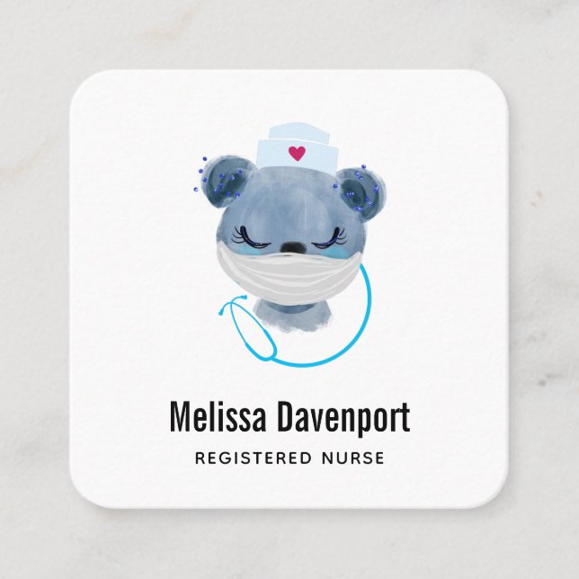 Cartão De Visita Quadrado Enfermeira de Urso Bonito Vestindo uma Máscara Méd (Frente)