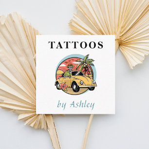 Cartão De Visita Quadrado Engraçado Ilustração do Crânio Tropical Tatuagem E