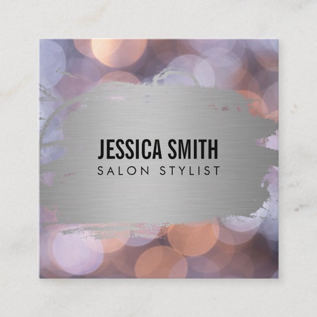 Cartão De Visita Quadrado Esfregaço de Prata Metálica Falsa Elegante | Bokeh (Frente)