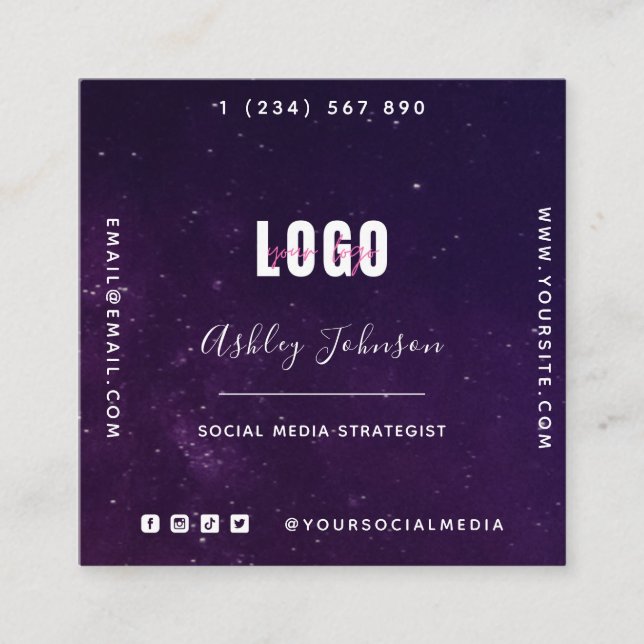 Cartão De Visita Quadrado Espaço em galáxias roxas profundas Código QR e log (Frente)