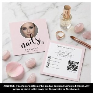 Cartão De Visita Quadrado Especialista em Unhas 3 Foto QR Redes Sociais Rosa