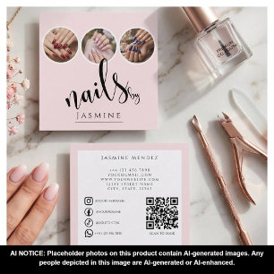 Cartão De Visita Quadrado Especialista em Unhas 3 Foto QR Redes Sociais Rosa