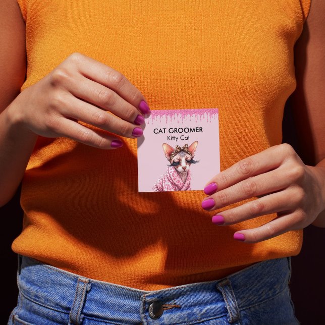 Cartão De Visita Quadrado Esphynx Cat Groomer Sitter Pink Glitter Drill (Sphynx Cat Groomer Sitter Pink Glitter Dripping Square Business Card)