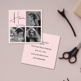 Cartão De Visita Quadrado Estilista de Cabelo Blush Rosa Foto Preto Script 