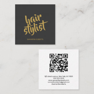 Cartão De Visita Quadrado estilista de cabelo moderno código qr dourado cinz
