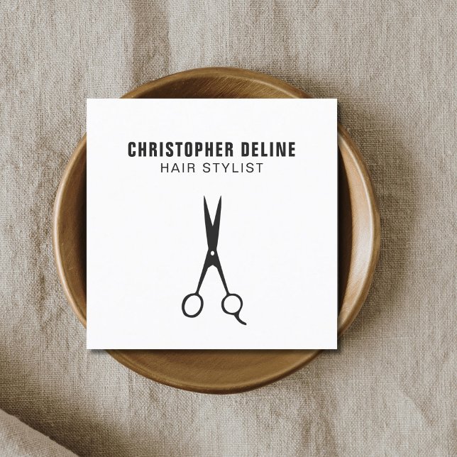 Cartão De Visita Quadrado Estilo de Cabelo de Tesoura Mínima Preta e Branca (Criador carregado)