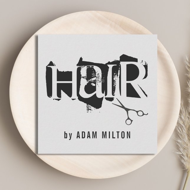 Cartão De Visita Quadrado Estilo de Cabelo Preto da Tesoura Cinza Moderna (Criador carregado)