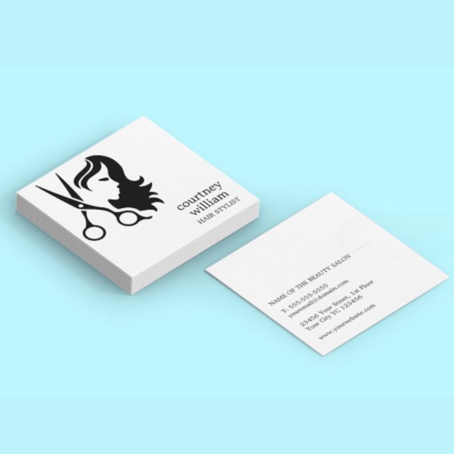 Cartão De Visita Quadrado Estilo Legal Simples de Cabelo Branco Moderno (Modern Cool Simple Black White Hair Stylist Square Business Card)