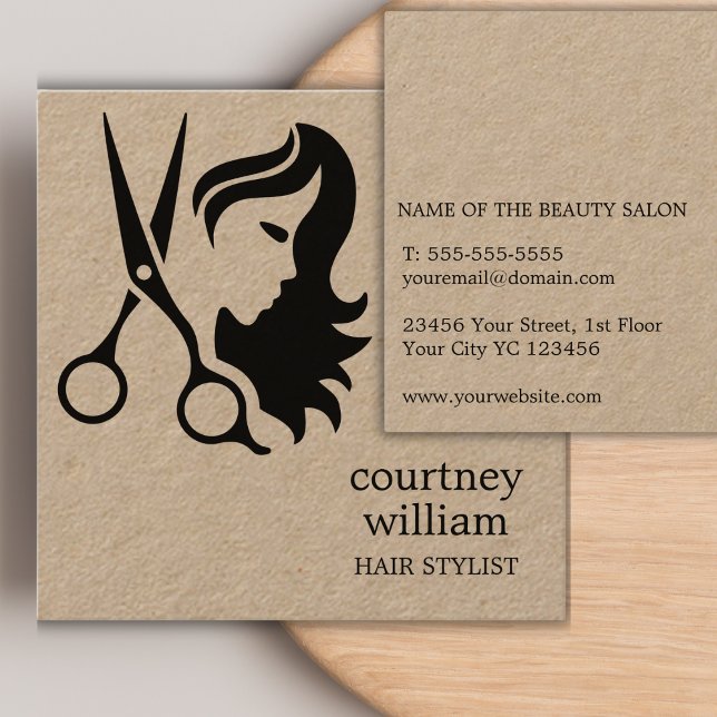Cartão De Visita Quadrado Estilo Legal Simples de Cabelo Negro (Modern Cool Simple Black Kraft Hair Stylist Square Business Card)