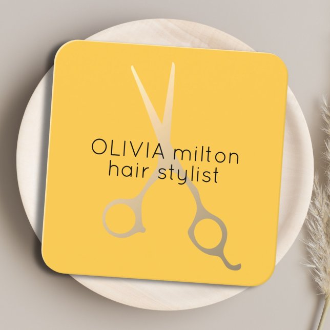 Cartão De Visita Quadrado Estilos de Cabelo Dourado de Tesoura Amarelo Minim (Criador carregado)