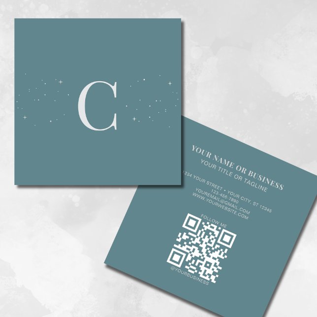Cartão De Visita Quadrado Estrelas Celestiais Mínimas Monogramas Código QR (Criador carregado)