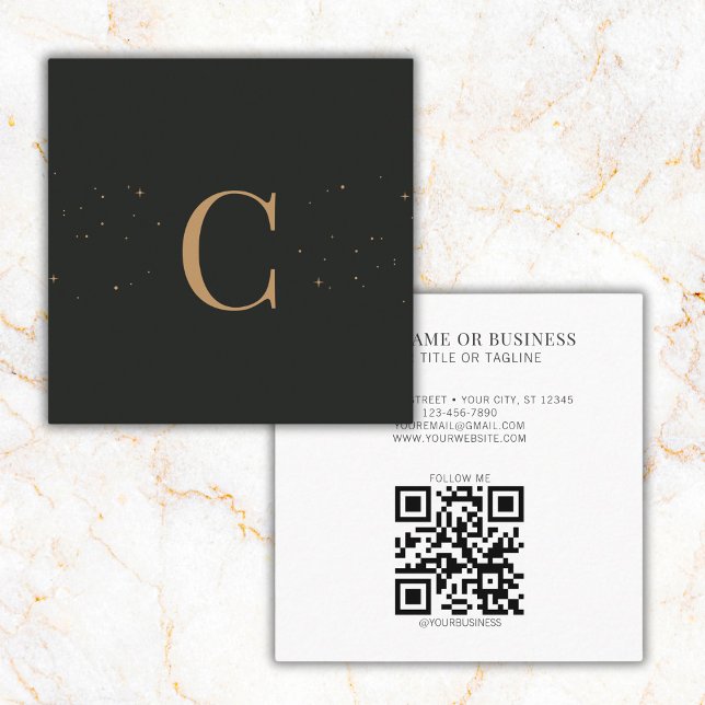Cartão De Visita Quadrado Estrelas Celestiais Mínimas Monogramas Código QR P (Criador carregado)