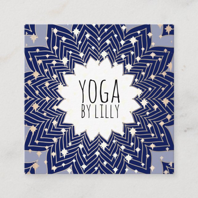 Cartão De Visita Quadrado Estrelas Douradas Flor Azul Lotus Mandala (Frente)