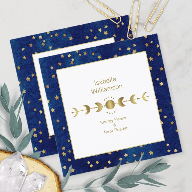Cartão De Visita Quadrado Estrelas Místicas Celestiais Marinho da Lua Azul D (Criador carregado)