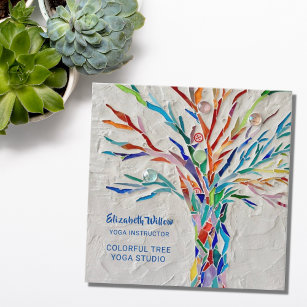 Cartão De Visita Quadrado Estúdio Yoga de Árvore Mosaica Colorida