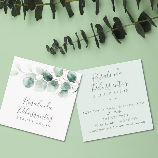 Cartão De Visita Quadrado Eucalyptus Greenery Folhas Douradas (Watercolor Eucalyptus Greenery Gold Leaves Square Business Card)
