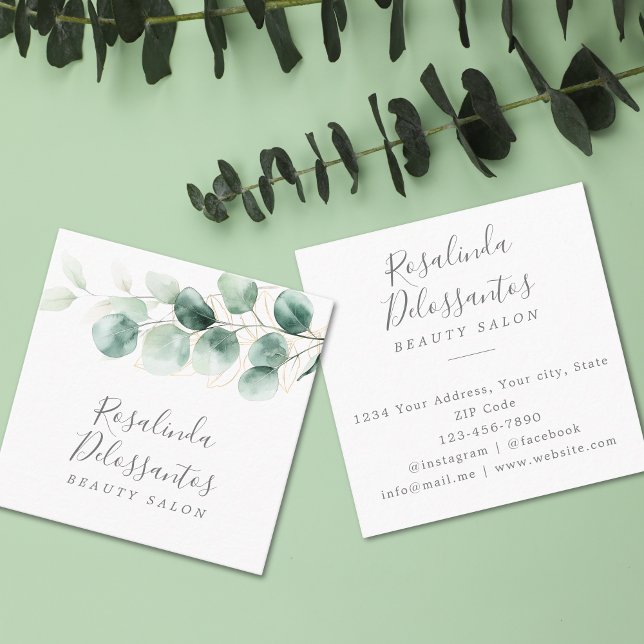 Cartão De Visita Quadrado Eucalyptus Greenery Folhas Douradas (Watercolor Eucalyptus Greenery Gold Leaves Square Business Card)