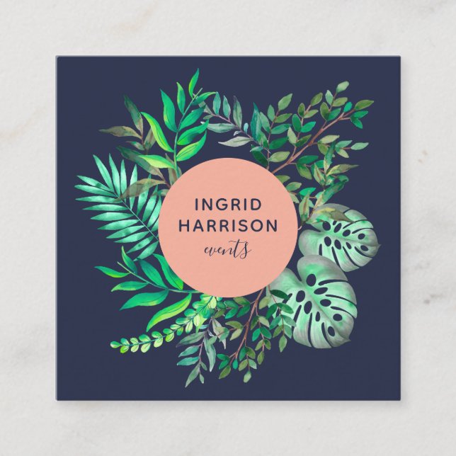 Cartão De Visita Quadrado Evento botânico elegante de cor aquosa, cor-de-ros (Frente)