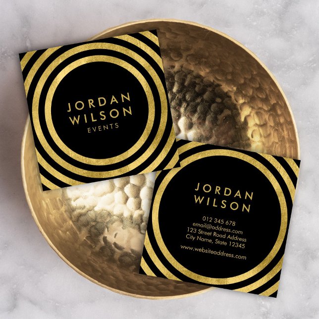 Cartão De Visita Quadrado Evento Geométrico das Linhas Redondas Douradas Pre (Criador carregado)