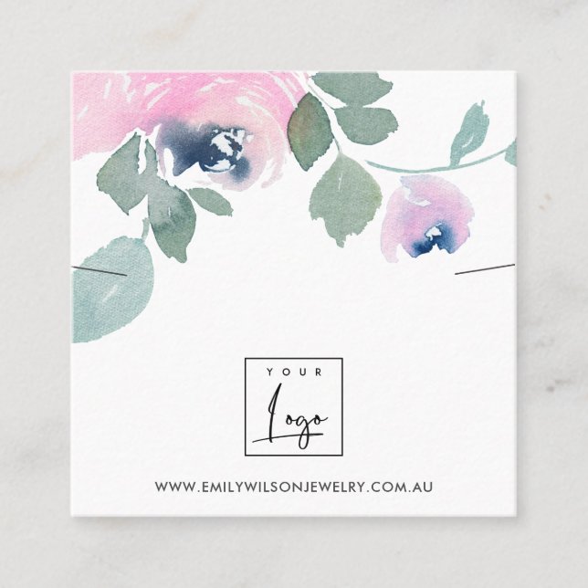 CARTÃO DE VISITA QUADRADO EXIBIÇÃO DO NECKLACE DE ROSA FLORAL DE PINK AZUL (Frente)