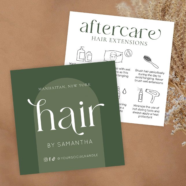 Cartão De Visita Quadrado Extensões de Cabelo Depois do Cuidado Moderno Boho (Hair extensions after care cards in boho sage green with care icons & trendy fonts)