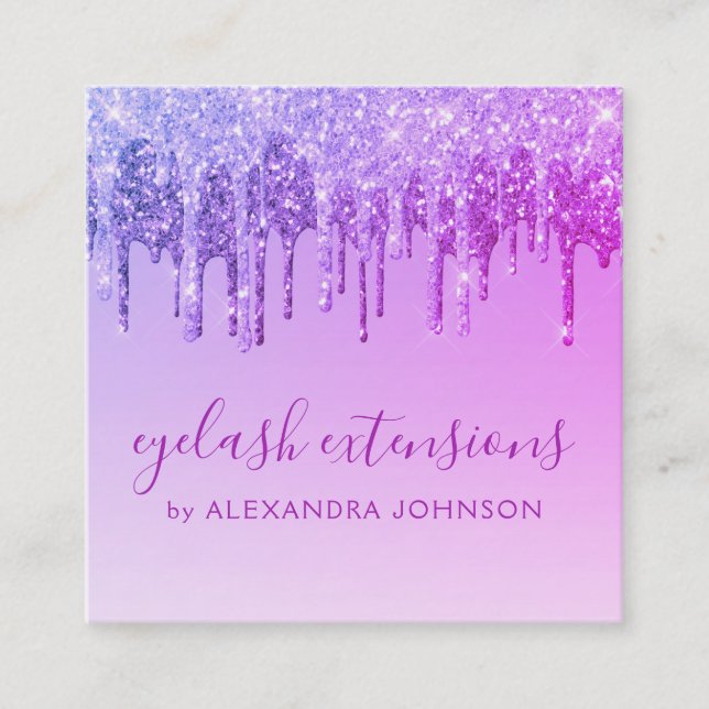 Cartão De Visita Quadrado Extensões Eyelash de Mineração da Glitter Roxa (Frente)