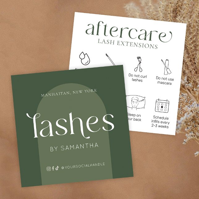 Cartão De Visita Quadrado Extensões Lash Depois do Cuidado Moderno Boho Sage (Lash extensions after care cards in boho sage green with care icons & trendy fonts)