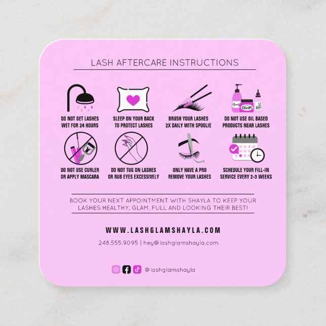 Cartão De Visita Quadrado Extensões Lash Pink Após Cuidados Fuchsia (Verso)