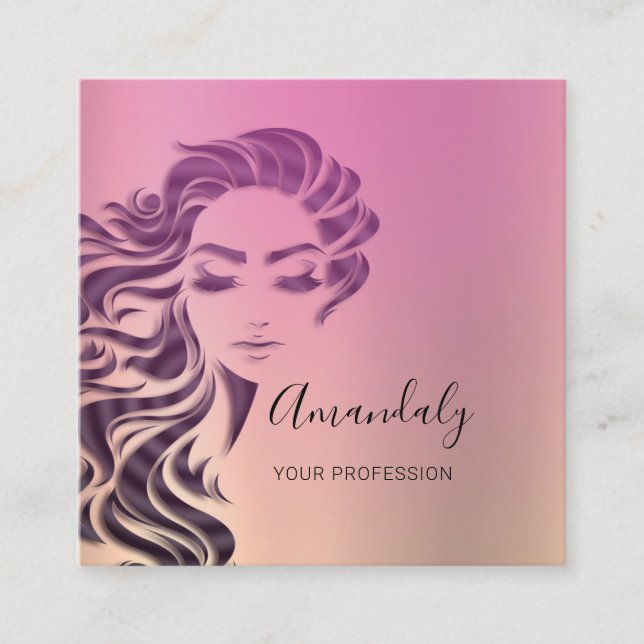 Cartão De Visita Quadrado Eyelashes Profissionais Cabelo Salão Violeta Rosa (Frente)